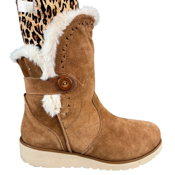 Skechers Shoes - Skechers Womens Tan Suede Faux Fur Trim Button Mid Calf Winter Boots 8